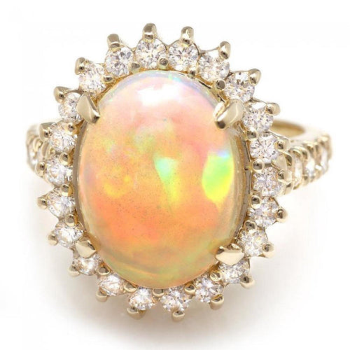 6.05 Carats Natural Impressive Ethiopian Opal and Diamond 14K Solid Yellow Gold Ring