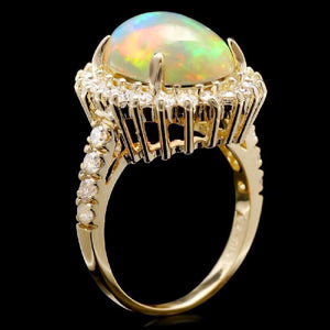 6.05 Carats Natural Impressive Ethiopian Opal and Diamond 14K Solid Yellow Gold Ring