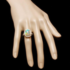 6.05 Carats Natural Impressive Ethiopian Opal and Diamond 14K Solid Yellow Gold Ring