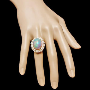 8.50 Carats Natural Impressive Ethiopian Opal and Diamond 14K Solid Yellow Gold Ring
