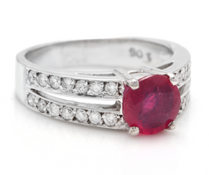 1.60 Carats Impressive Red Ruby and Natural Diamond 14K White Gold Ring