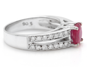 1.60 Carats Impressive Red Ruby and Natural Diamond 14K White Gold Ring