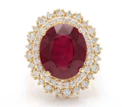 17.60 Carats Impressive Red Ruby and Diamond 14K Yellow Gold Ring