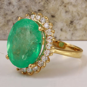 13.00 Carats Natural Emerald and Diamond 14K Solid Yellow Gold Ring