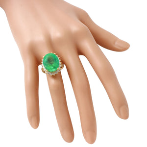 13.00 Carats Natural Emerald and Diamond 14K Solid Yellow Gold Ring