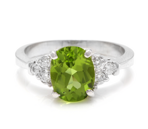 2.70 Carats Natural Very Nice Looking Peridot and Diamond 14K Solid White Gold Ring