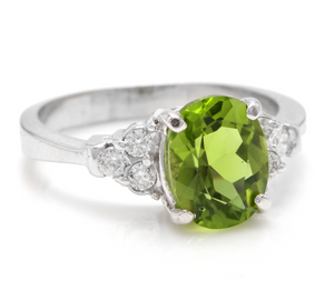 2.70 Carats Natural Very Nice Looking Peridot and Diamond 14K Solid White Gold Ring