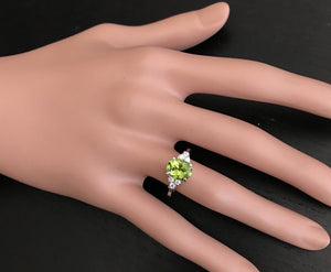 2.70 Carats Natural Very Nice Looking Peridot and Diamond 14K Solid White Gold Ring