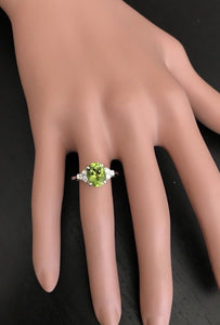 2.70 Carats Natural Very Nice Looking Peridot and Diamond 14K Solid White Gold Ring