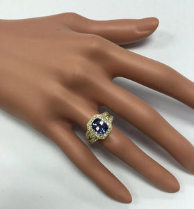 3.60 Carats Natural Very Nice Looking Tanzanite and Diamond 14K Solid Yellow Gold Ring