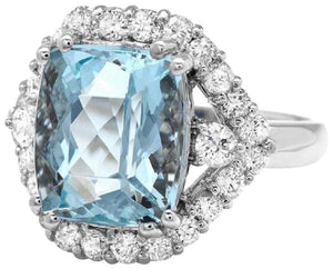 5.90 Carats Natural Aquamarine and Diamond 14K Solid White Gold Ring