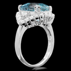 5.90 Carats Natural Aquamarine and Diamond 14K Solid White Gold Ring