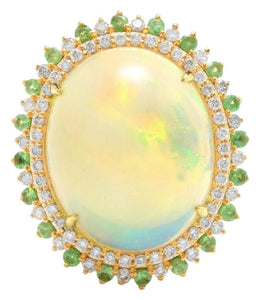 8.55 Carats Natural Impressive Ethiopian Opal, Tsavorite and Diamond 14K Solid Yellow Gold Ring