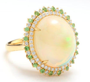 8.55 Carats Natural Impressive Ethiopian Opal, Tsavorite and Diamond 14K Solid Yellow Gold Ring