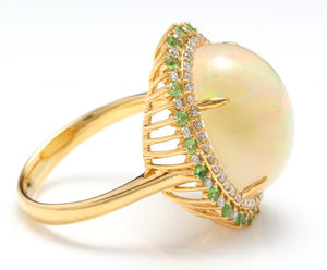 8.55 Carats Natural Impressive Ethiopian Opal, Tsavorite and Diamond 14K Solid Yellow Gold Ring