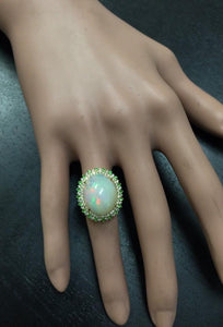8.55 Carats Natural Impressive Ethiopian Opal, Tsavorite and Diamond 14K Solid Yellow Gold Ring