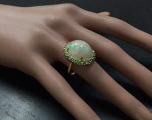 8.55 Carats Natural Impressive Ethiopian Opal, Tsavorite and Diamond 14K Solid Yellow Gold Ring