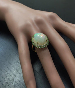 8.55 Carats Natural Impressive Ethiopian Opal, Tsavorite and Diamond 14K Solid Yellow Gold Ring