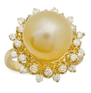 Splendid Natural South Sea Pearl and Diamond 14K Solid Yellow Gold Ring