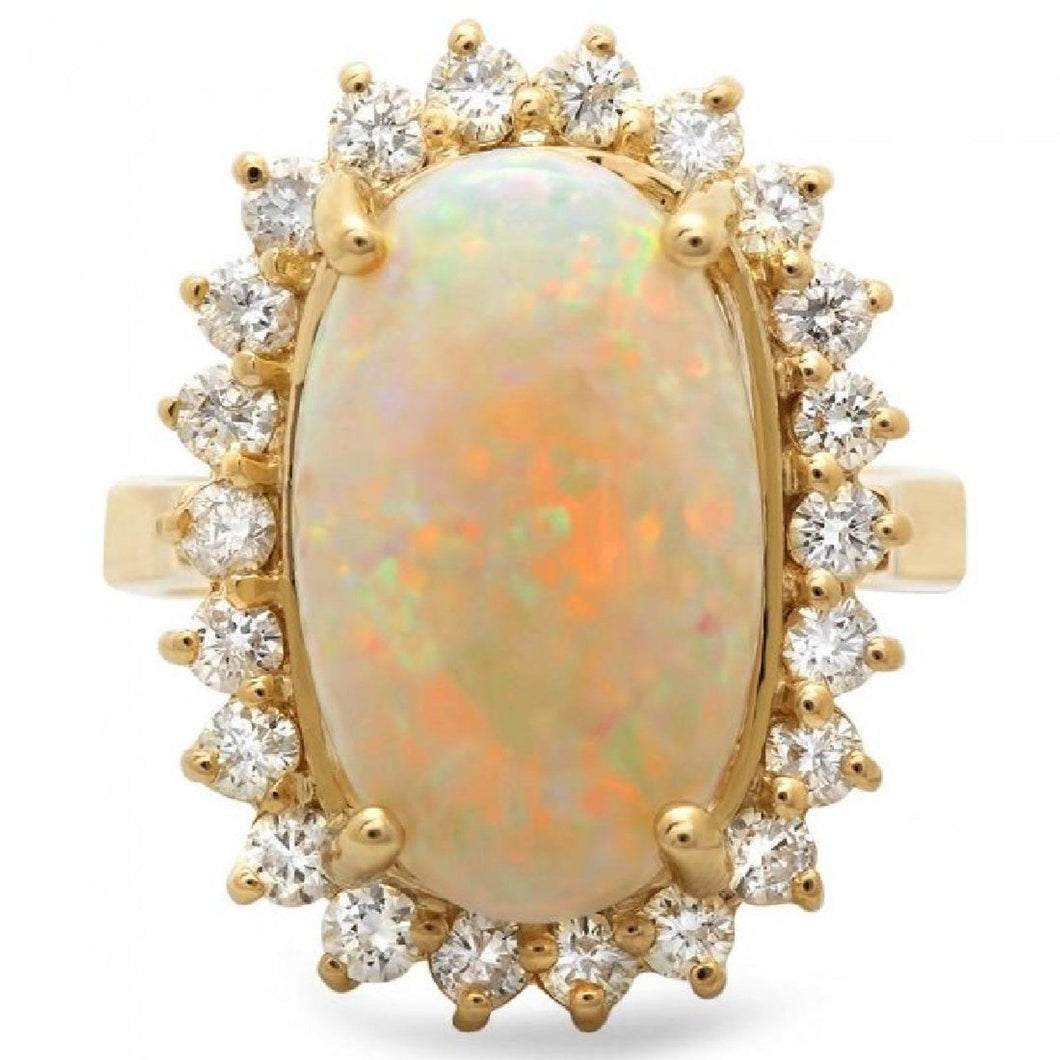 7.00 Carats Natural Impressive Australian Opal and Diamond 14K Solid Yellow Gold Ring