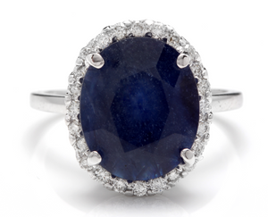 7.40 Carats Exquisite Natural Blue Sapphire and Diamond 14K Solid White Gold Ring