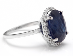 7.40 Carats Exquisite Natural Blue Sapphire and Diamond 14K Solid White Gold Ring