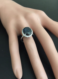 7.40 Carats Exquisite Natural Blue Sapphire and Diamond 14K Solid White Gold Ring
