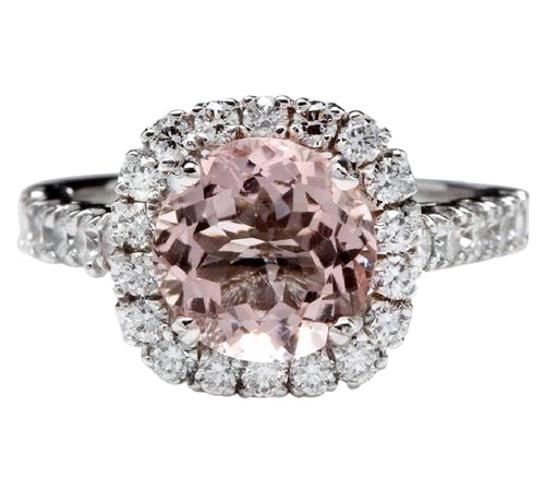 3.65 Carats Exquisite Natural Morganite and Diamond 14K Solid White Gold Ring