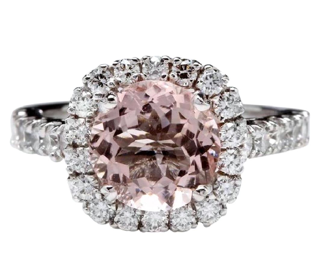 3.65 Carats Exquisite Natural Morganite and Diamond 14K Solid White Gold Ring