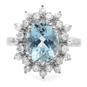 3.65 Carats Impressive Natural Aquamarine and Diamond 14K Solid White Gold Ring