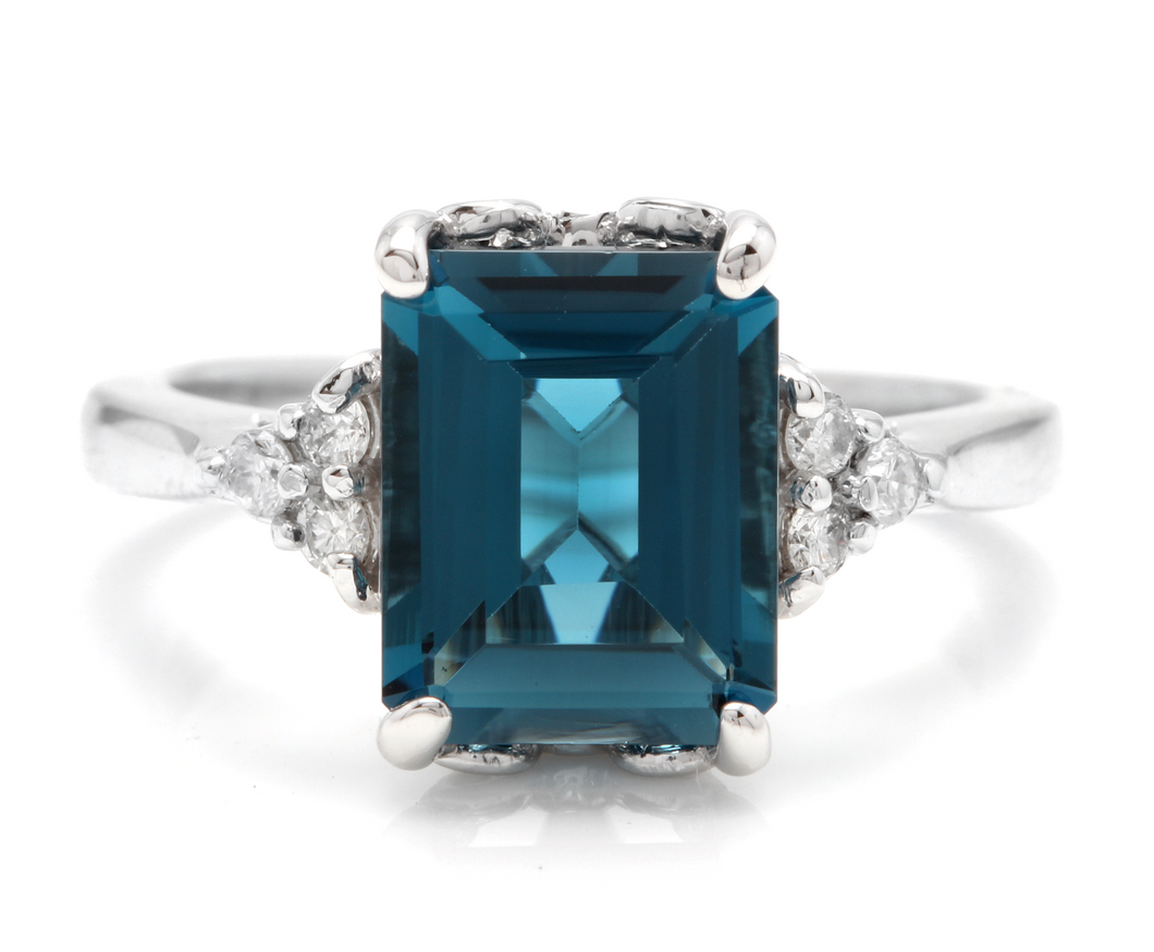 3.85 Carats Natural Impressive London Blue Topaz and Diamond 14K White Gold Ring