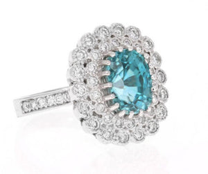 8.30 Carats Natural Very Nice Looking Blue Zircon and Diamond 14K Solid White Gold Ring