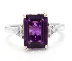 4.15 Carats Natural Amethyst and Diamond 14K Solid White Gold Ring