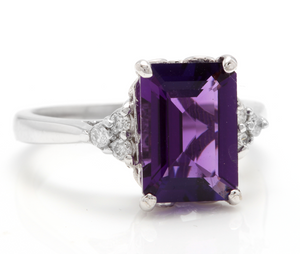 4.15 Carats Natural Amethyst and Diamond 14K Solid White Gold Ring