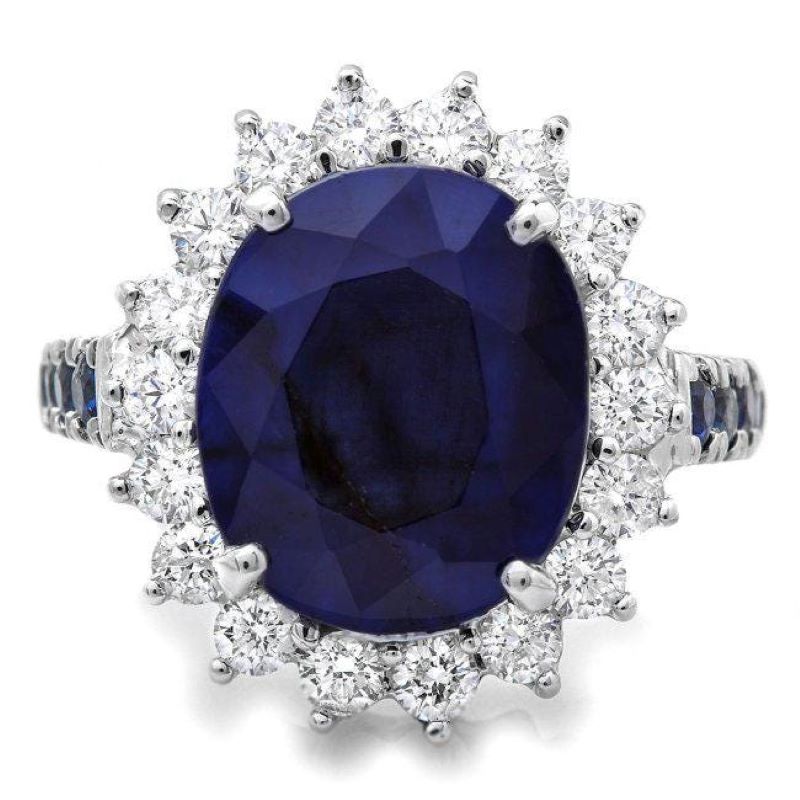 8.30ct Natural Blue Sapphire & Diamond 14k Solid White Gold Ring