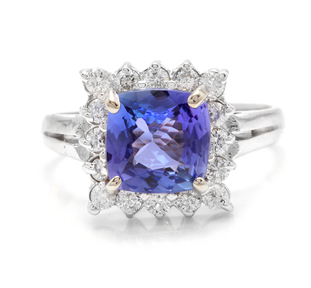 3.00 Carats Natural Very Nice Looking Tanzanite and Diamond 14K Solid White Gold Ring
