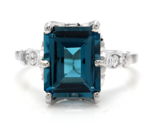 3.78 Carats Natural Impressive London Blue Topaz and Diamond 14K White Gold Ring