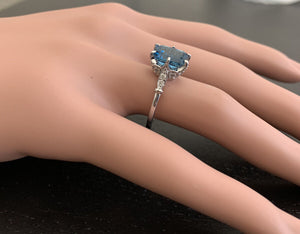 3.78 Carats Natural Impressive London Blue Topaz and Diamond 14K White Gold Ring