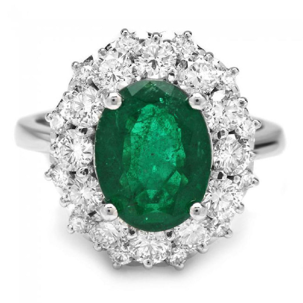 4.85 Carats Natural Emerald and Diamond 14K Solid White Gold Ring