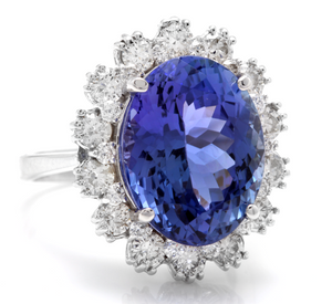 10.50 Carats Natural Very Nice Looking Tanzanite and Diamond 14K Solid White Gold Ring