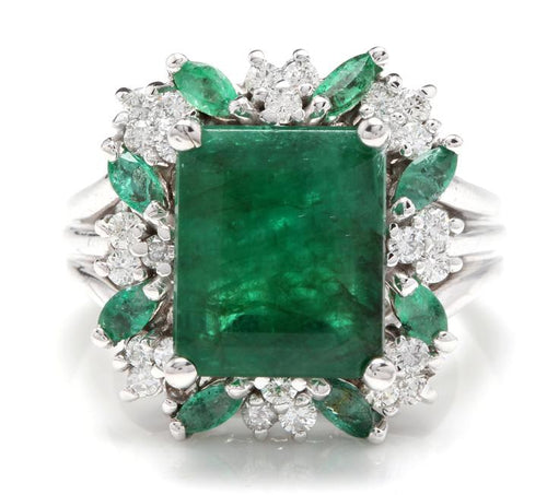 7.30 Carats Natural Emerald and Diamond 14K Solid White Gold Ring
