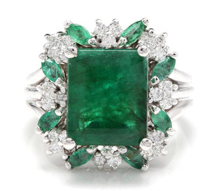 7.30 Carats Natural Emerald and Diamond 14K Solid White Gold Ring