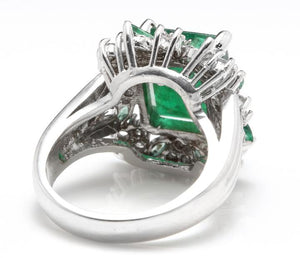 7.30 Carats Natural Emerald and Diamond 14K Solid White Gold Ring