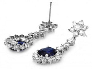 Exquisite 5.50 Carats Natural Sapphire and Diamond 14K Solid White Gold Earrings