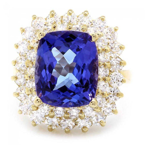 9.40 Carats Natural Splendid Tanzanite and Diamond 14K Solid Yellow Gold Ring