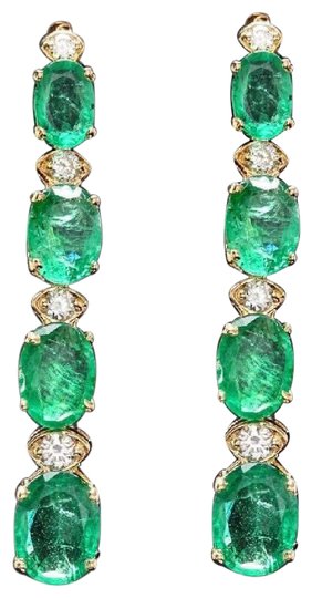 Exquisite 7.30 Carats Natural Emerald and Diamond 14K Solid Yellow Gold Earrings