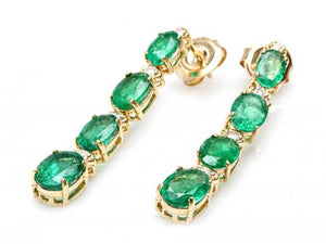 Exquisite 7.30 Carats Natural Emerald and Diamond 14K Solid Yellow Gold Earrings