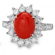 Load image into Gallery viewer, 3.45 Carats Impressive Coral and Diamond 14K White Gold Ring