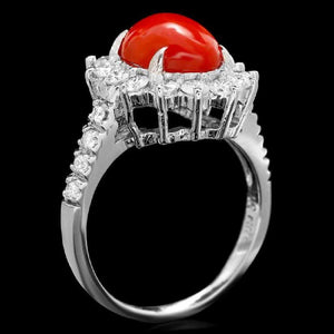 3.45 Carats Impressive Coral and Diamond 14K White Gold Ring