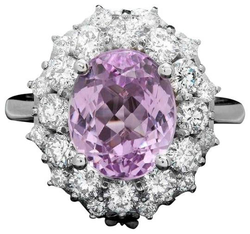 6.30 Carats Natural Kunzite and Diamond 14K Solid White Gold Ring
